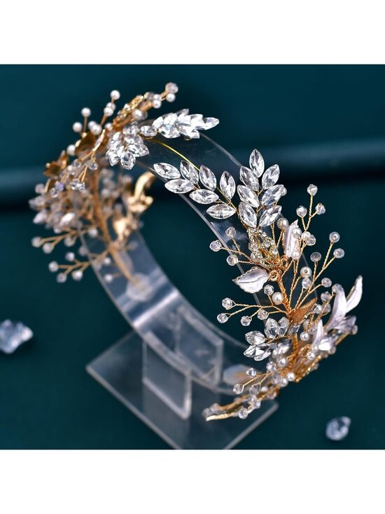 Women\'s Gold Handmade Rhinestone Bridesmaid Leaf Crystal Bridal Fashion Headband main image 4